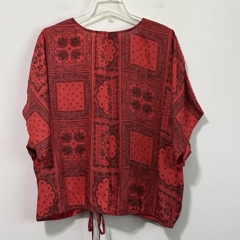 Ashley Stewart Top Plus 1X Popover V Neck Short Sleeve Red Bandana Shirt NEW - Picture 9 of 9